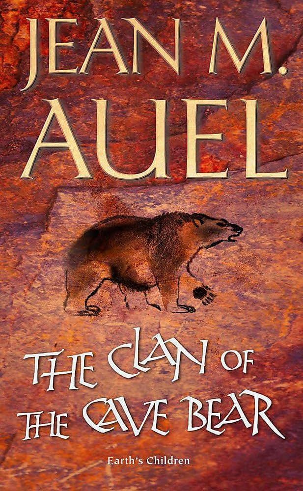 Cover of the book "the clan of the cave bear" written by jean m. Auel. The cover resembles mostly reddish rock, with a cave painting of a bear on it.