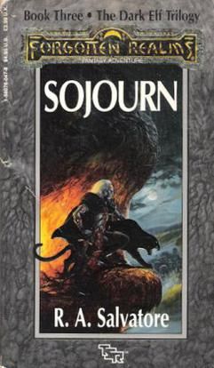 The cover of R.A. Salvatore's book "Sojourn", featuring a dark elf and a panther standing on a cliff.