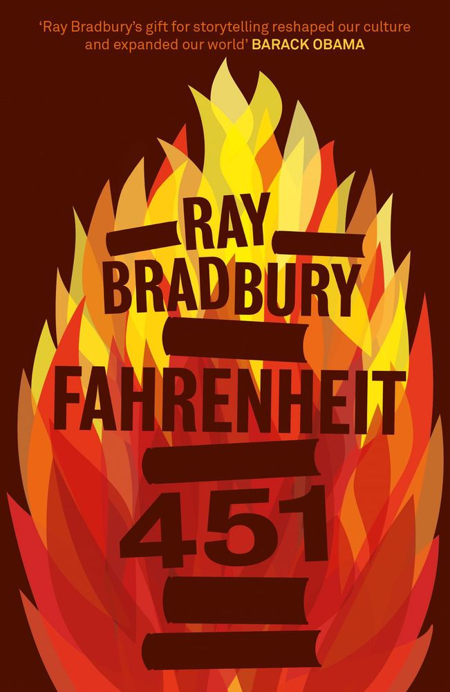 The cover of Ray Bradbury's book "Fahrenheit 451". The cover is mostly red, featuring a fire with silhouettes of books within it.