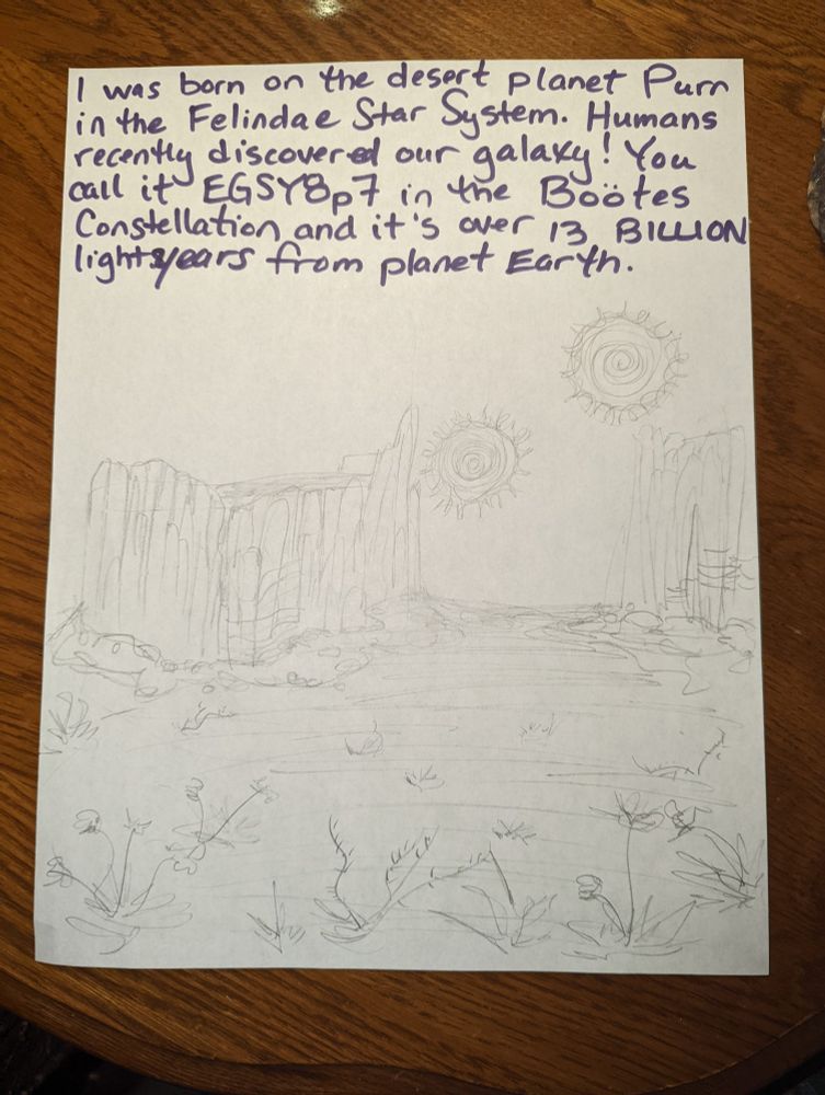 Pencil drawing of a dry landscape with two suns. It says, "I was born on the desert planet Purr in the Felindae Star System. Humans recently discovered our galaxy! You call it EGSY8p7 in the Bootes Constellation and it's over 13 BILLION light years from planet Earth."