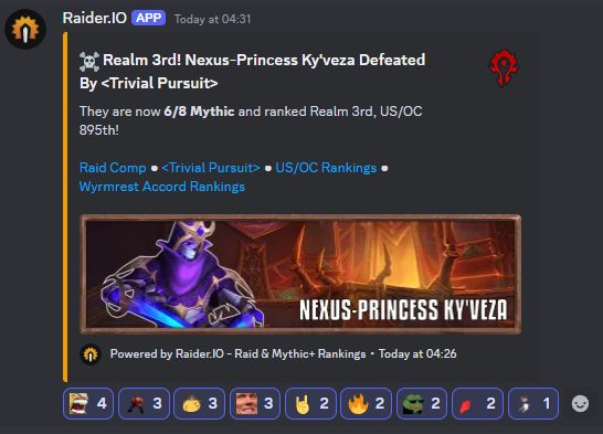 A screenshot of a Discord bot showing a post of the World of Warcraft boss kill, reading "Realm 3rd! Nexus-Princess Ky'veza Defeated By <Trivial Pursuit>
They are now 6/8 Mythic and ranked Realm 3rd, US/OC 895th!"