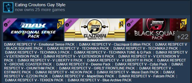 Screenshot of the Steam activities page, with the user "Eating Croutons Gay Style" and the subtitle "now owns 25 more games". The bottom two-thirds of the screen lists all of the DLC packs for the game DJMax Respect V.