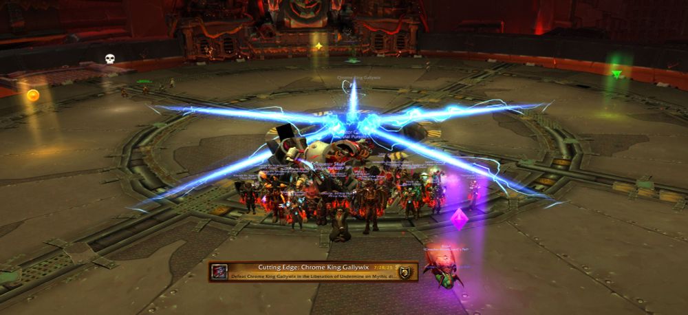 Screenshot of the game World of Warcraft. A group of characters of 20 races are all stood in the center of a circle arena, with 5 blue electric beams pointing in a star from the center. At the bottom, an image of the achievement "Cutting Edge: Chrome King Gallywix" is overlaid.