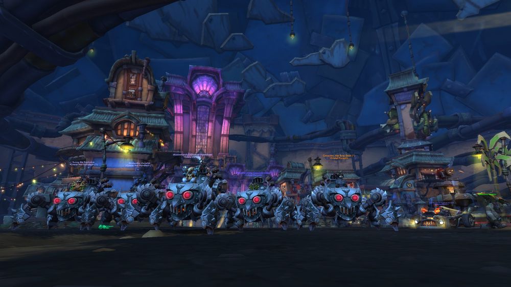 World of Warcraft screenshot showing a five person line up of the Enterprising Shreddertank mount, a black steel and red-accented spider machine. The background displays tall buildings, the center of which is lit up with purple lights.
