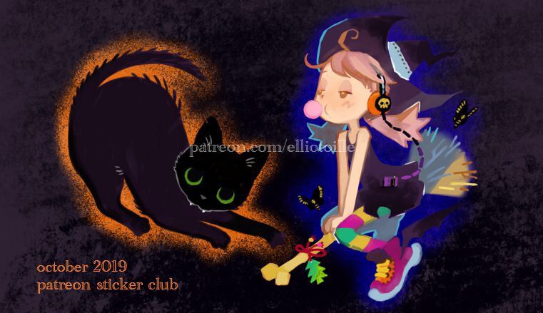 drawings of a black cat with little fangs and a witch on a broomstick listening to music & blowing bubblegum