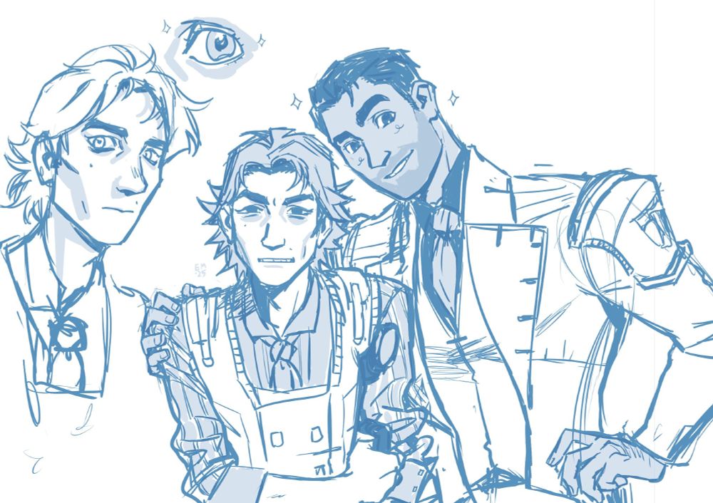 sketches of viktor and jayce. they're posing, jayce holding viktor's shoulder and leaning into him, as if for a photo, and viktor is pulling a very nonphotogenic face.