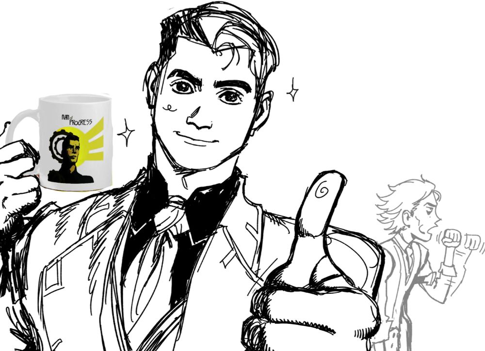 jayce holds up the "man of progress" mug with his face on it and gives a thumbs up. viktor in the background makes a crude gesture