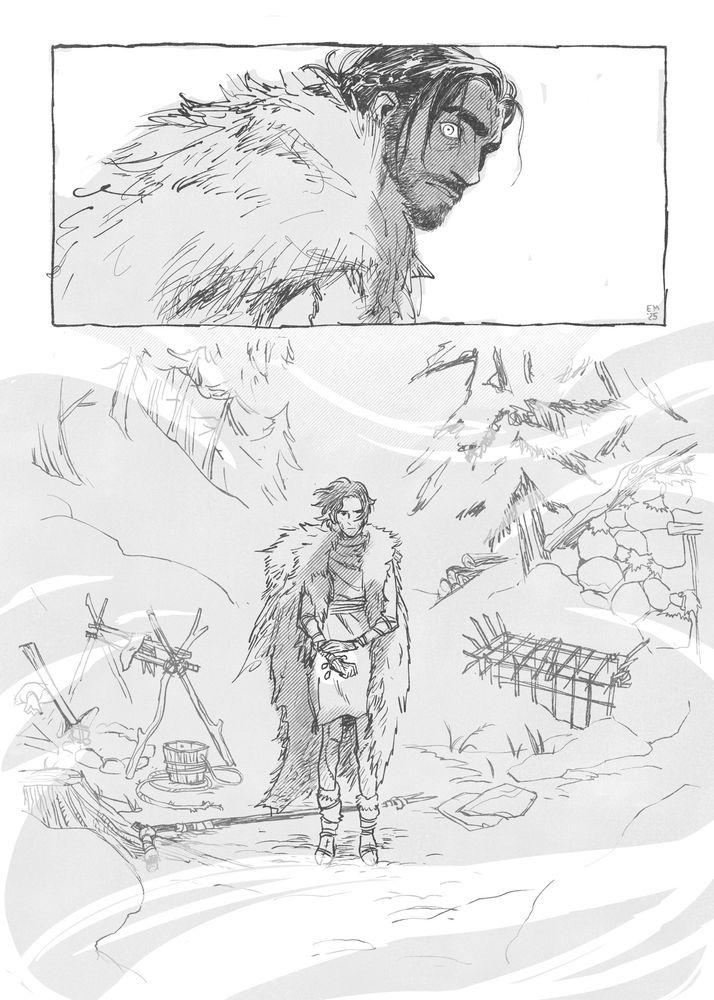 jayce wearing a fur pelt looks back over his shoulder. Viktor stands in front of their cabin alone.