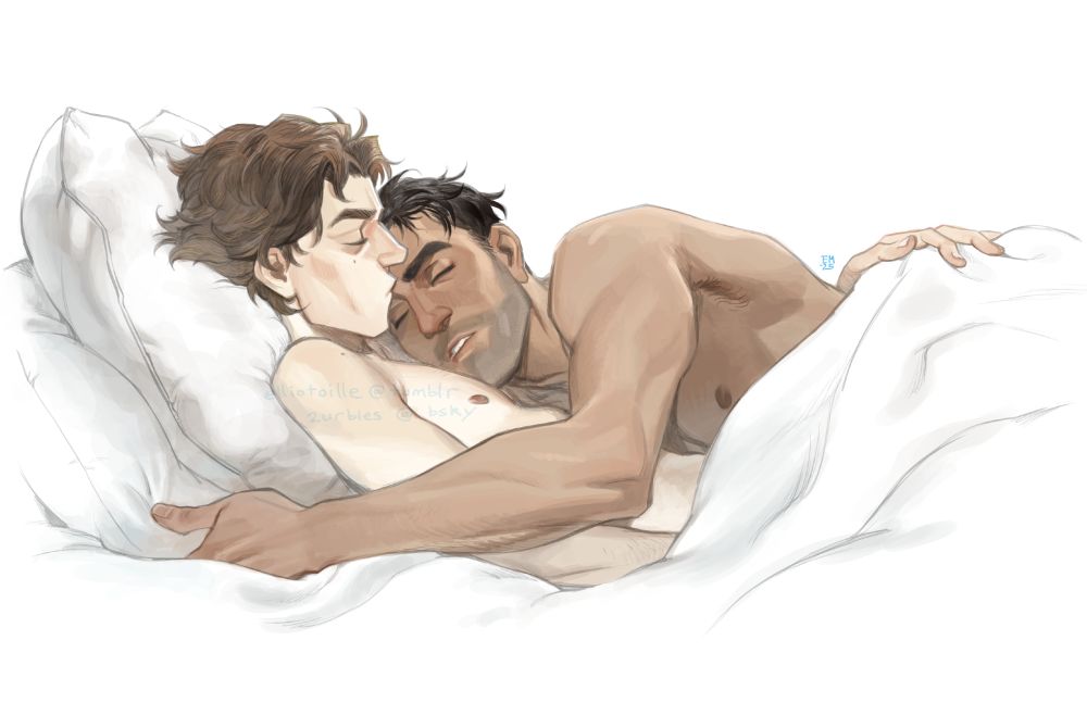 digital painting of jayce and viktor sleeping in white blankets, jayce laying on viktor's shoulder, his arm across viktor's torso.