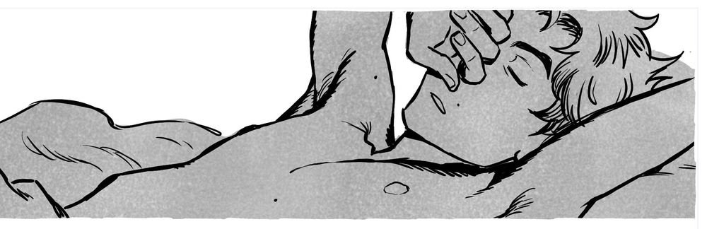 viktor shirtless stretching his arms up and rubbing his face