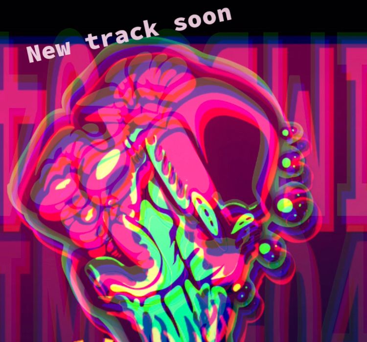 Big pink alien skull with guts hanging out and crazy green glow in its mouth and chromatic aberration