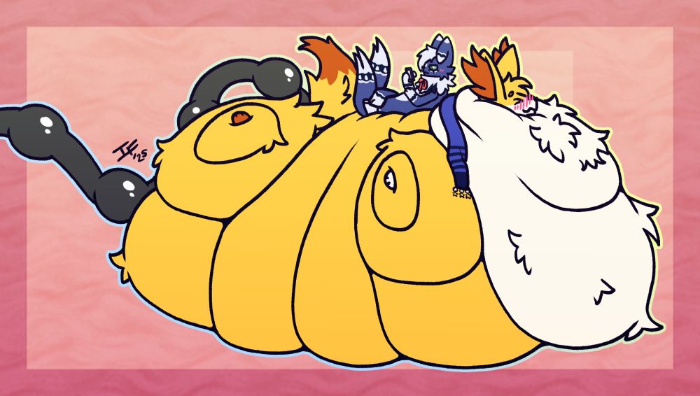 a meowstic lounging on a very large and fat fennekin while a hose pumps more substance into their butt