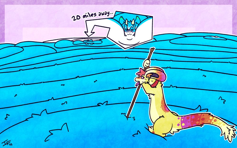 an exhausted amphimorpho traversing a landscape of blue rolls of fat, an inset of the blobby dragon's blushy face; "20 miles away..."