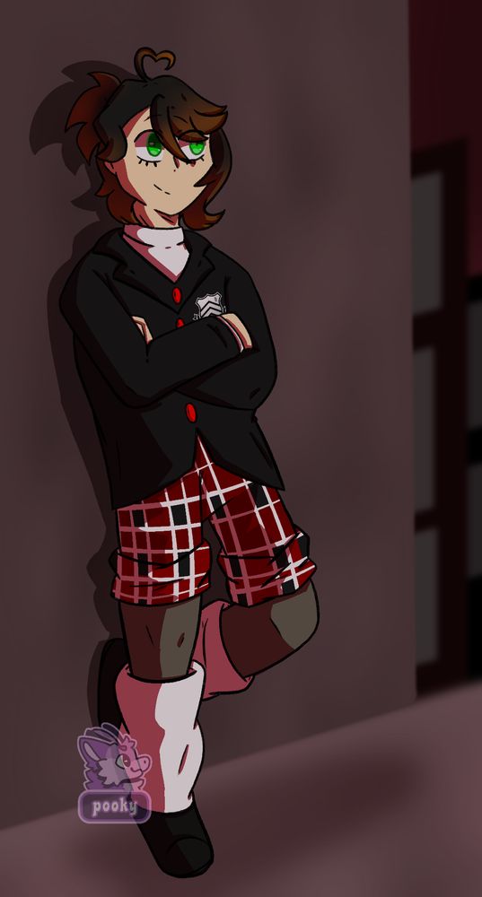 A light skin human character with brown and black hair wearing the Shujin Academy (a school in the Persona universe, specific from Persona 5) while leaning against a wall
He is in a stylised red city