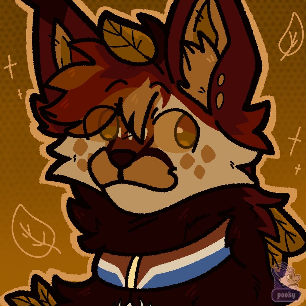an autumn/fall coloured cat pine marten mix with leaves in their fur
they are smiling at something off screen