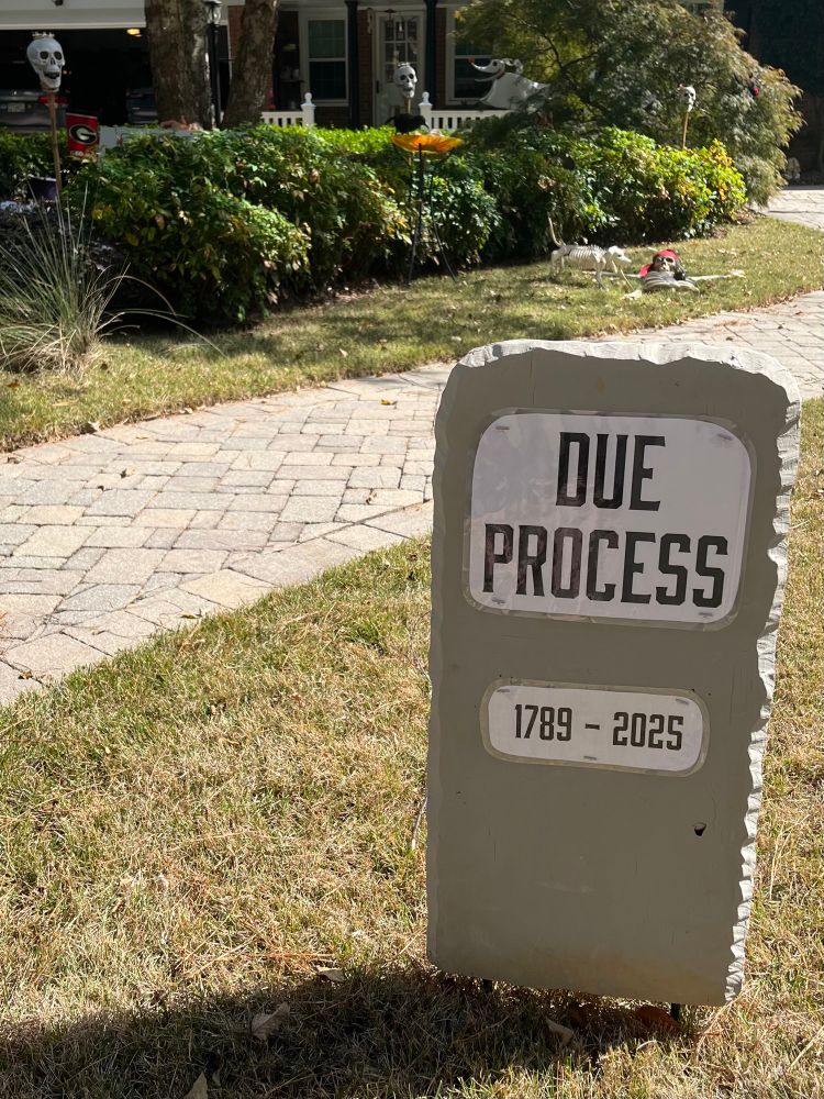 Halloween decoration tombstone with the words:
DUE PROCESS
1789 - 2025