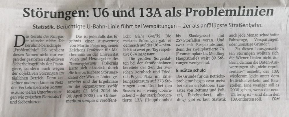 German article in Kurier: U6 and 13A most prone to delays