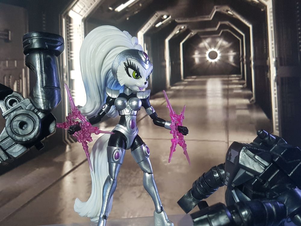 The robot gets torn apart by a psychic space cat.