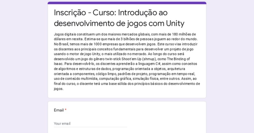 Inscrição - Curso: Introdução ao desenvolvimento de jogos com Unity