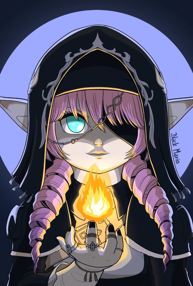 Drawing of Gwagwa Gwa, ‪@gwalafell.etheirys.social‬'s OC. She's got pastel pink hair and pastel light-blue eyes. She's wearing a dark cloth on her head and a black robe. One eye is covered by a piece of black cloth. She's holding a magic fire in front of her. She's standing in front of a blue-ish moonlight