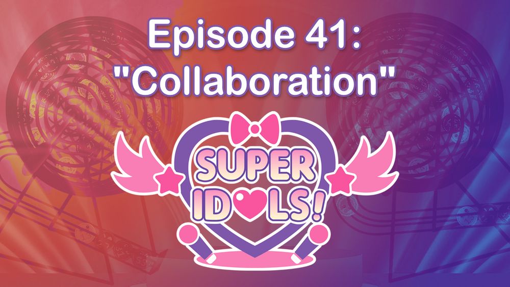 SuperIdols heart logo centered on the title card for Episode 41: “Collaboration”. The background is a gradient of red, orange, blue, and purple over a stylized podium and two superimposed silhouettes of bingo ball tumblers. 