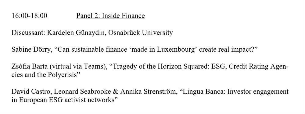 The Politics of Sustainable Finance workshop program