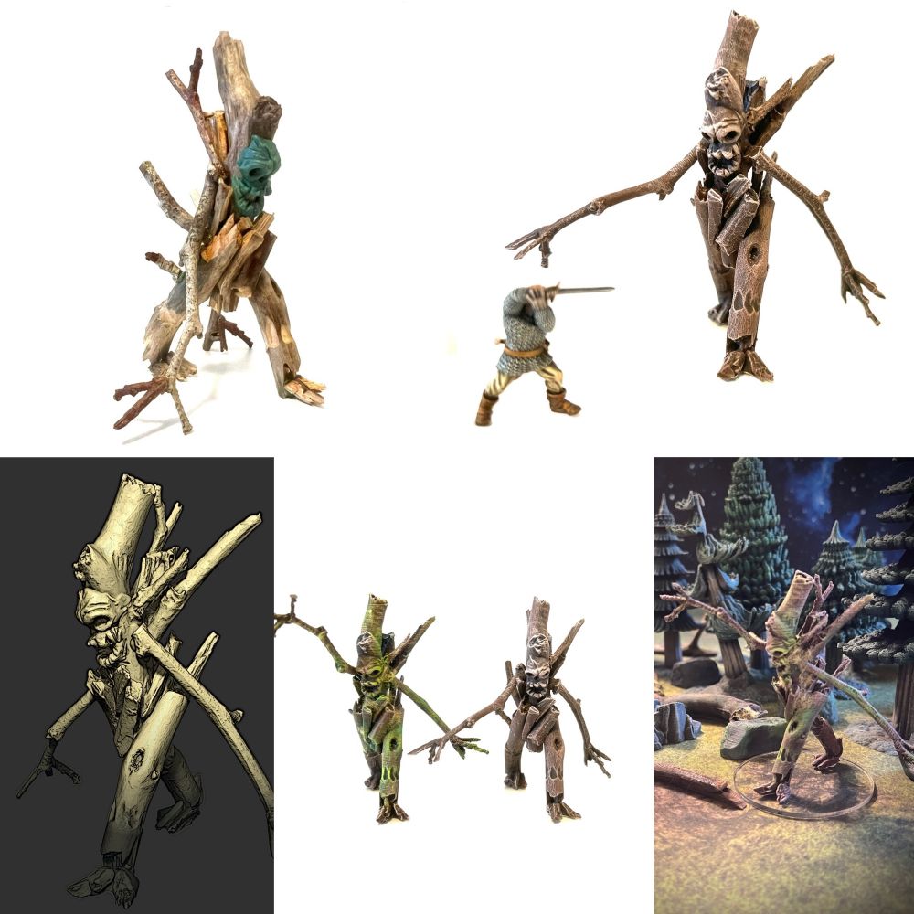 Several stages of a scratch built undead tree person miniature made from twigs and greenstuff, then scanned, 3d printed, and painted. 