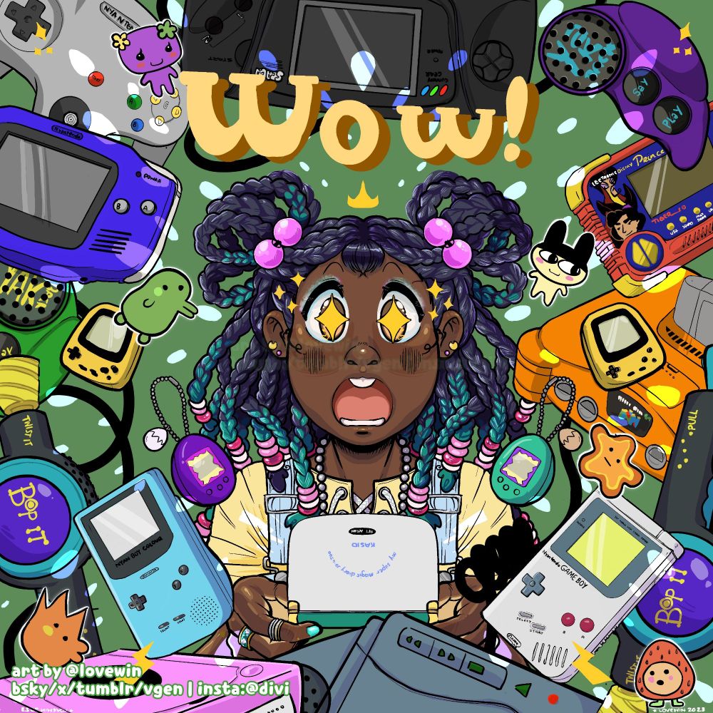 Girl with black and teal braids surrounded by toys, handheld games and electronics from the 90's! Some to note are Gameboy, Gameboy Color, Super Magic Diary, Gameboy Advance, Nintendo 64, Sega Game Gear, Tamagotchi, Pokemon Pikachu, Bop It, Yak Pak, Nintendo GameCube, Tiger Handheld Electronic - Aladdin but i made it look silly, and Talkboy which i was wracking my brain about lol. 