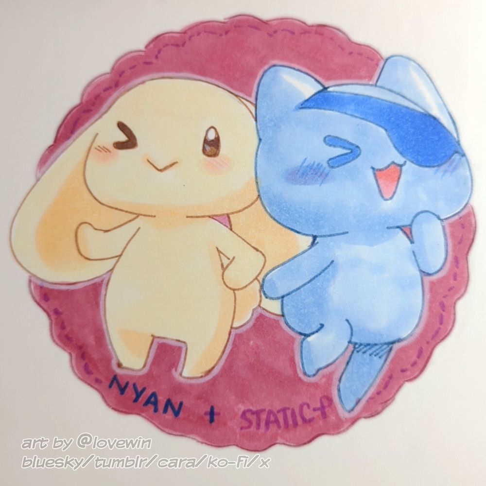 Doodle of nyansai and static-p avatars. Nyan is a blue cat with an eyepatch and static is a beige bunny. Im trying with these alt messages. 