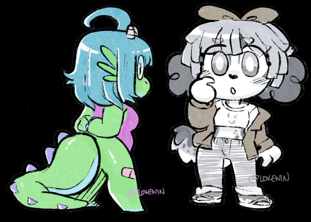 Doodled my OCS! Pesto is my green/blue dragon and Parfait is colored in a grayscale style