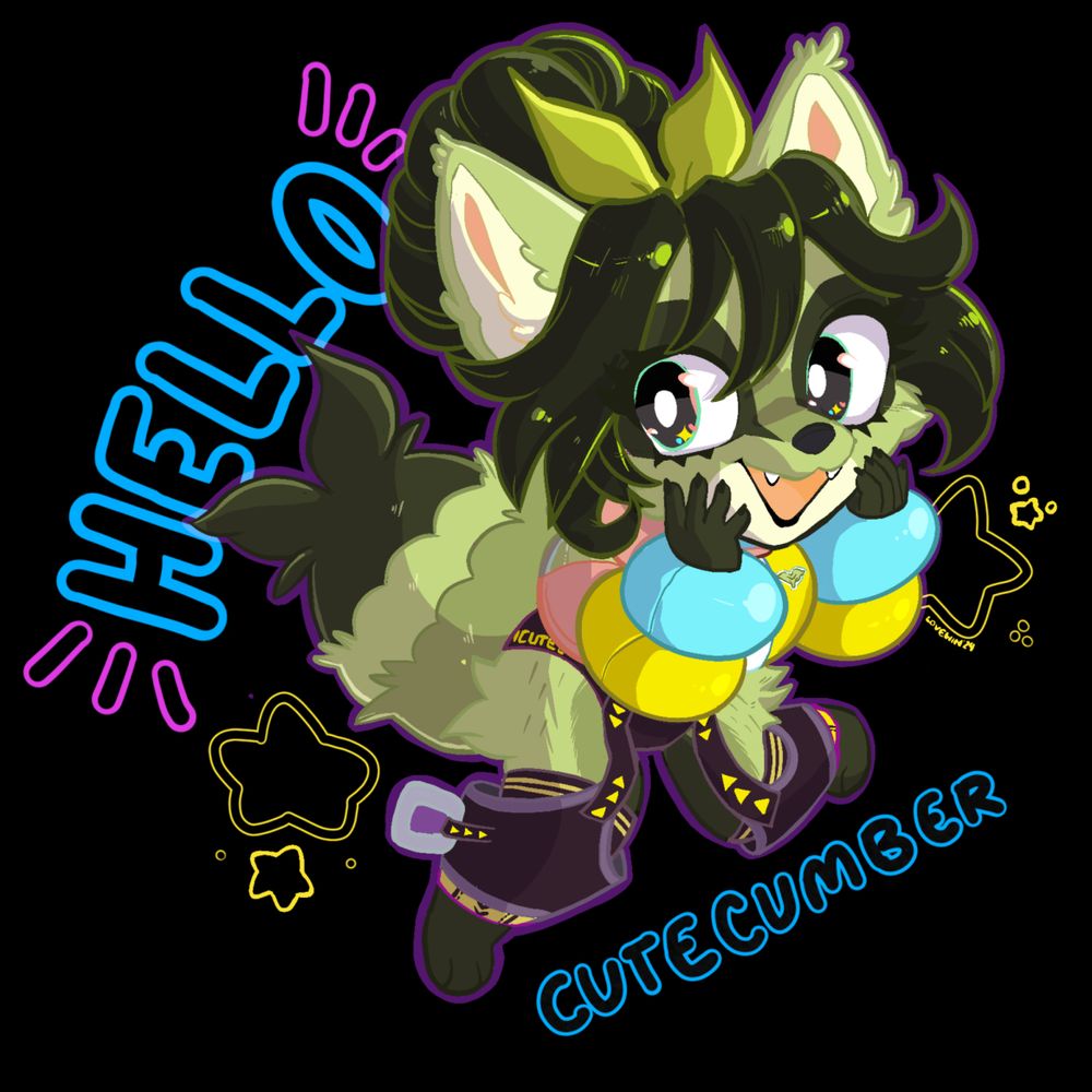 @hellocutecumber’s sona in a space fit. A green tanuki with red, yellow teal jacket and black pants