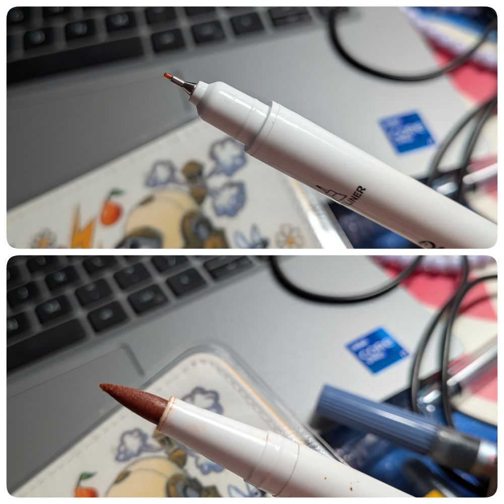 Nib types, brush pen (bottom) and fine tip nib (top)