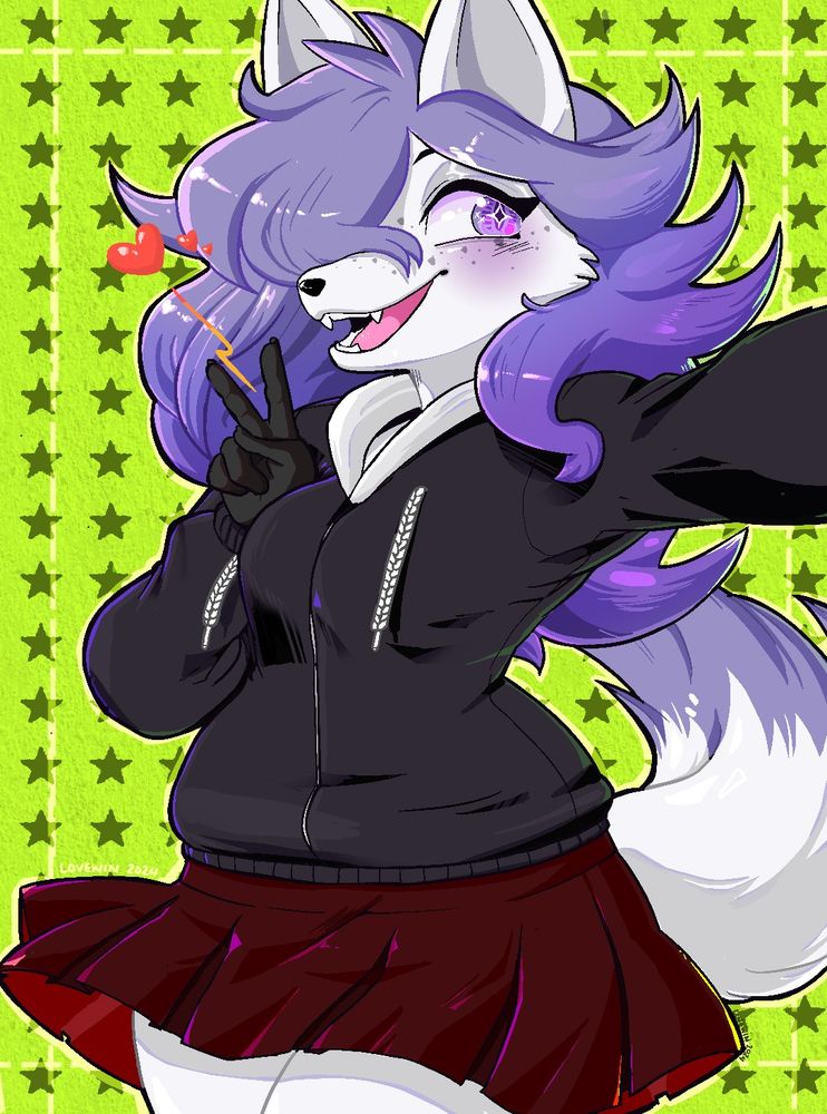 Gray anthropomorphic wolf or fox, with purple hair, black hoodie and red skirt. Background is neon green with dark green stars.