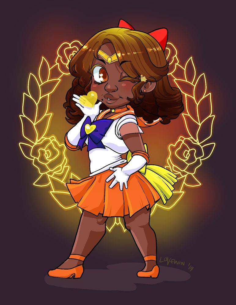 Commission drawn for a birthday gift. The girl the gift is for is dressed as sailor venus with the emblem behind her 