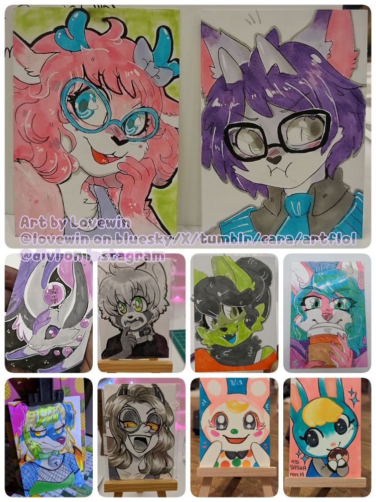 Artist trading cars examples featuring various OCs and animal crossing villagers.