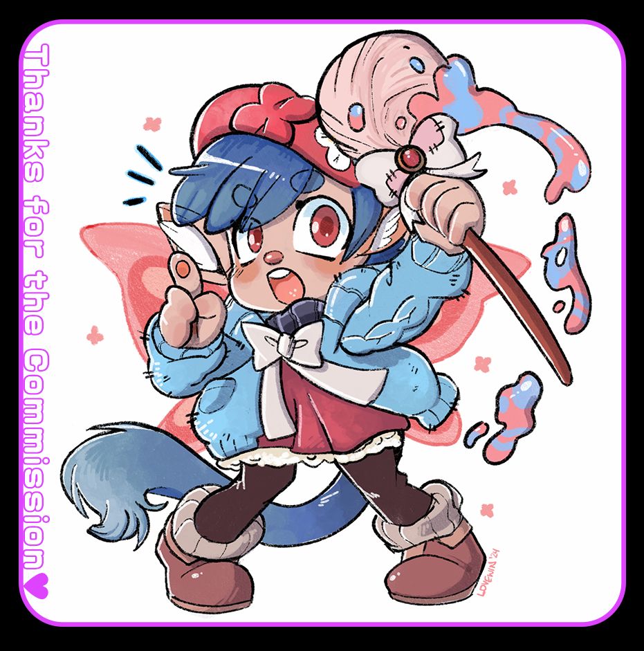 Drew a chibi of Rivière, character by @awamboldtart.bsky.social! Wearing a sweater, dress fit in reds and blues.