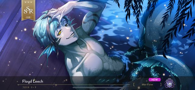 Screenshot of Floyd Leech’s SSR card. He is depicted in his merman form, with teal-blue skin, fins on his ears, webbed hands, and claws. He is mostly submerged in water, leaning against a capsized boat.