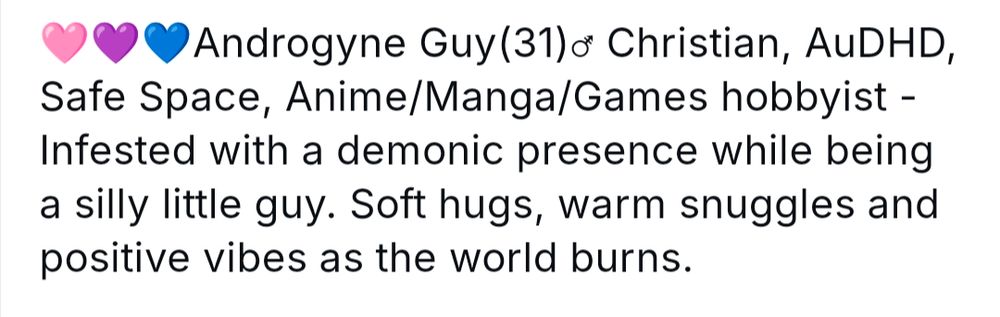 Text of the OOP's bio saying androgyne guy (31) Christian, audhd, safe space, anime/manga/games hobbyist - infested with a demonic presence while being a silly little guy. Soft hugs, warm snuggles and positive vibes as the world burns. 