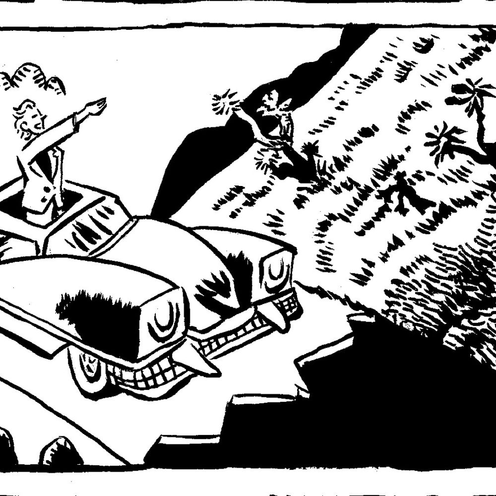 Second third of a long panel. A man stands smiling on a car’s front seat, emerging through the sunroof. The road abruptly changes from light to dark. The landscape shifts from rocks to dead desert grasses and joshua trees.