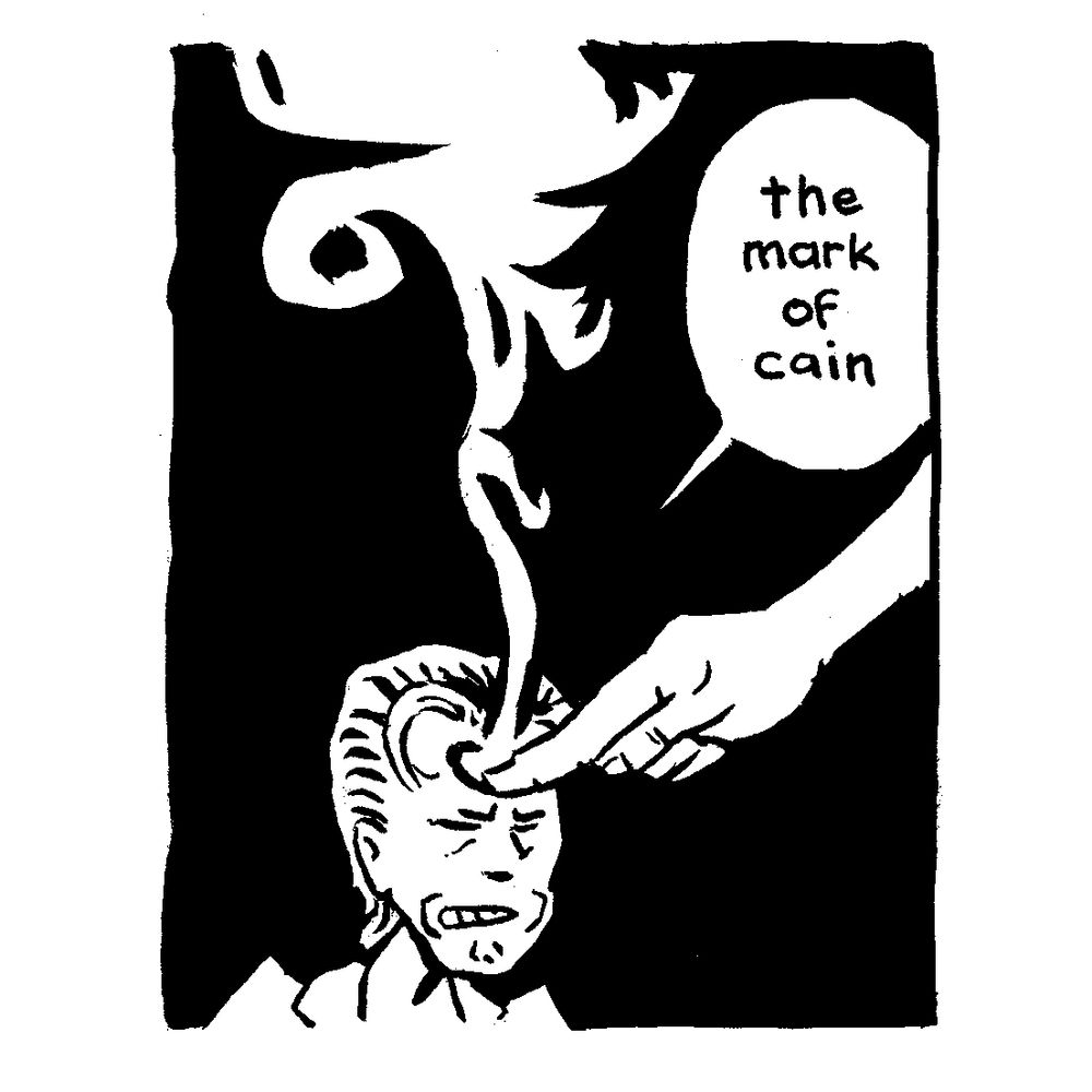 A hand from an unseen being descends from nowhere, burning a pattern into the Duke’s forehead, as he grimaces and smoke rises. He says “the mark of Cain…”