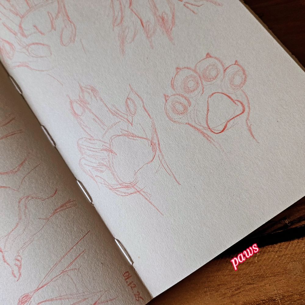 Photo of a sketchbook on wooden table. Red pencil sketch of anthropomorphic paws.