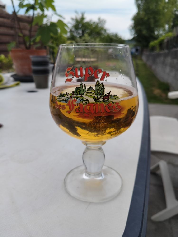 Un verre rempli de bière Super des Fagnes