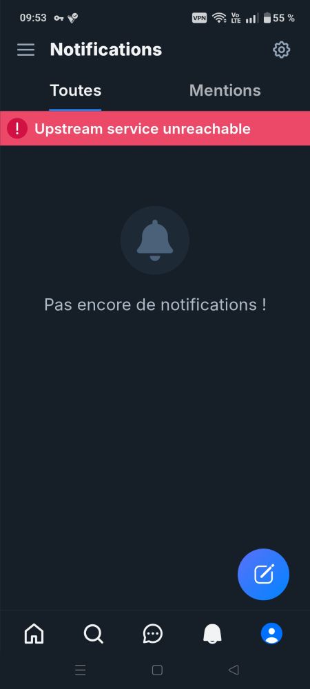 Écran de Notifications BlueSky indiquant un problème de serveur : "Upstream service unreachable."