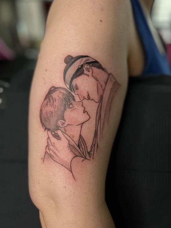 Picture of my arm with a tattoo of Na-kyum and Seungho from Painter of the night manhwa.
