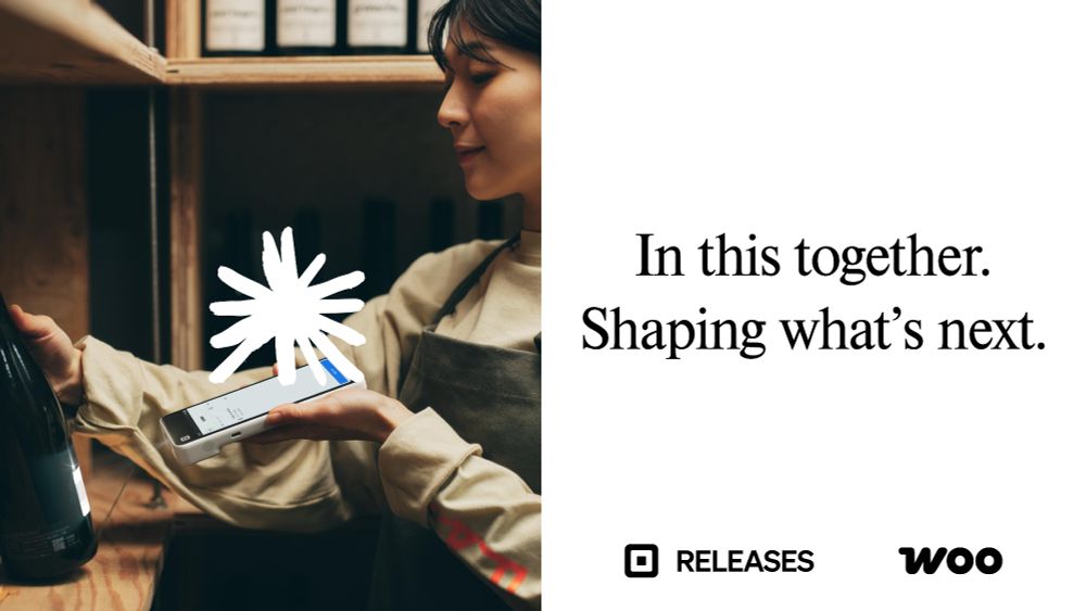 A photograph of a person holding their phone to make a payment next to the Square and Woo logos and text that reads, "In this together. Shaping what's next." 