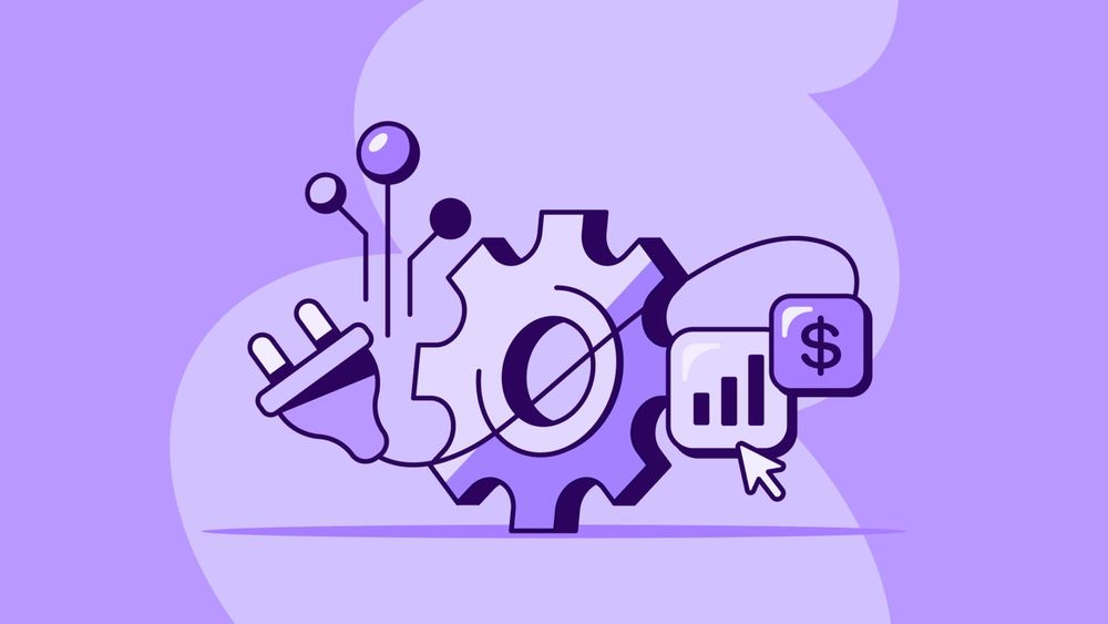 An illustration of a gear with an electrical plug, pins, a cursor, a bar graph showing growth, and a dollar sign.