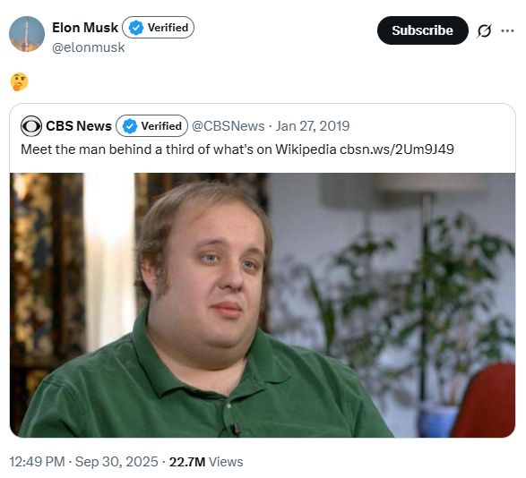 A screenshot of an X (formerly Twitter) post by Elon Musk. Musk's post shows a CBS News tweet from January 27, 2019, with the text: "Meet the man behind a third of what's on Wikipedia". The tweet includes a photo of Steven Pruitt, a man with light-colored hair and a green shirt, looking off-camera during what appears to be an interview.