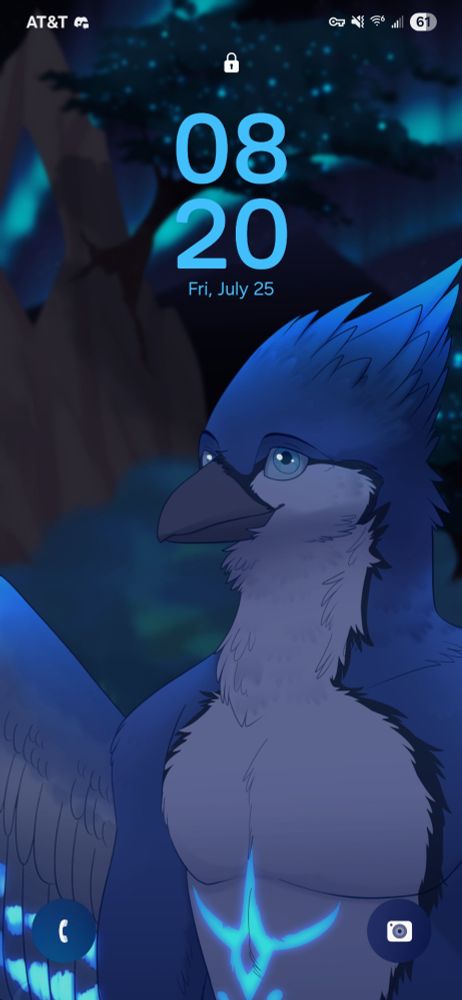 Anthropomorphic blue bird with white chest and belly feathers. Has glwong blue symbols on his chest and wing feathers. Is facing the viewer. Set in a fantasy like background with an aurora borialis oversee on a starry sky