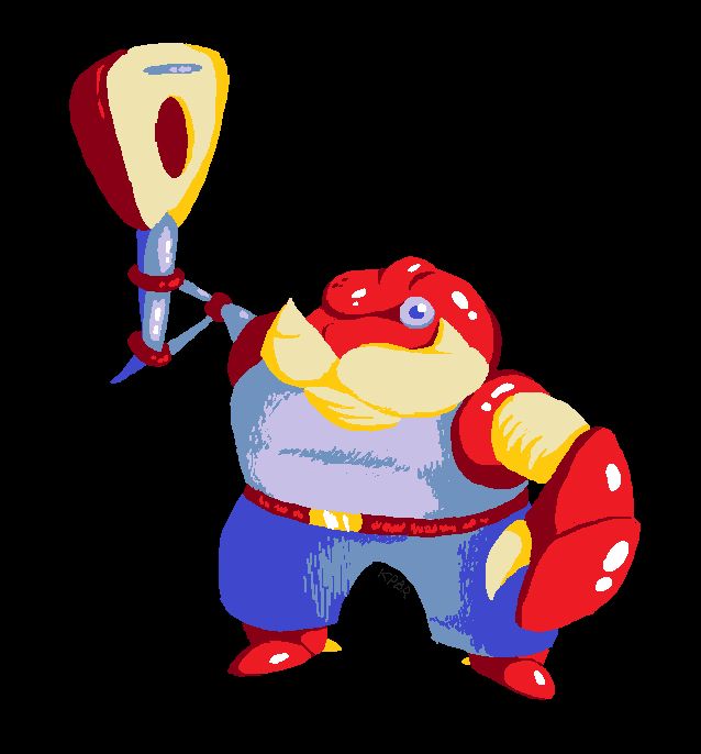 A depiction of a crab person with a string instrument replacing one of his claws