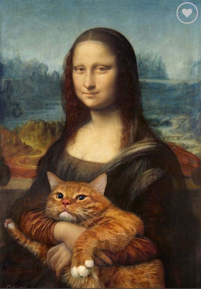 Mona Lisa holding an overweight orange tabby cat